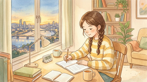 Teenager working through SHSAT prep with a practice test booklet, pencil, and timer at a desk, city skyline and bridges at dusk through the window