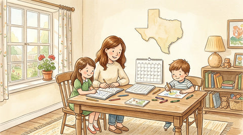 Parent and two children homeschooling in Texas at a dining table with workbooks, a calendar, and a Texas map on the wall