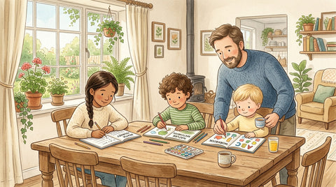 Father helping the youngest of three children at a shared table while homeschooling multiple children at different grade levels