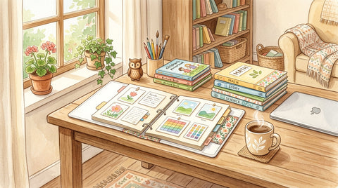 Organized homeschool portfolio binder and workbooks on a tidy home desk