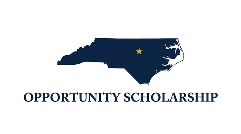 North Carolina state silhouette with gold star marking Raleigh and Opportunity Scholarship text