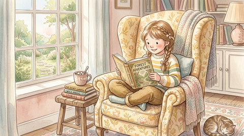 Third grader reading a chapter book in a cozy home reading nook