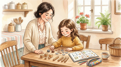 A second grader counting coins and base-ten blocks at a kitchen table while practicing 2nd grade math skills in a workbook