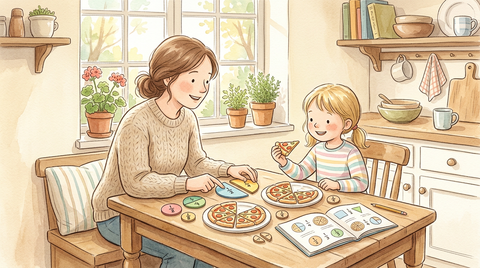 Parent and child learning fractions together at a kitchen table with colorful fraction circles and a math workbook