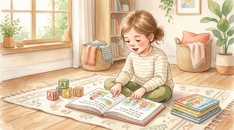 Young child sitting on a rug reading a picture book with alphabet blocks nearby in a warm watercolor illustration