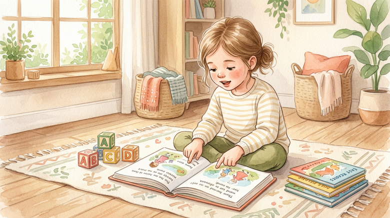 Young child sitting on a rug reading a picture book with alphabet blocks nearby in a warm watercolor illustration