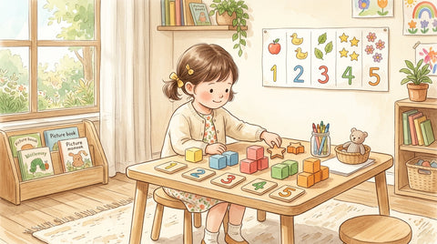 Kindergartener practicing counting and early math skills with wooden blocks