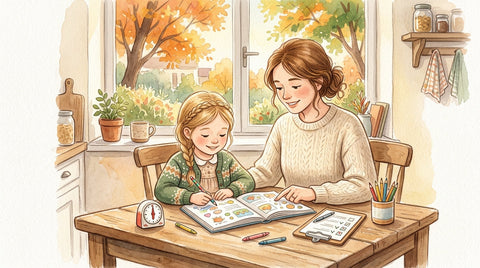 Parent and child checking grade level skills at the kitchen table with a workbook, timer, and clipboard checklist in early fall