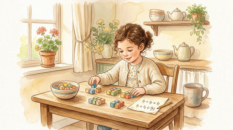 Child practicing division by sharing counting cubes into equal groups