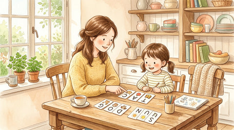 Parent teaching kindergarten child phonics using letter cards at home