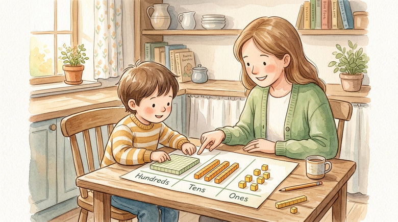 Parent pointing to the hundreds column of a place value mat while a child builds a number with base ten blocks at a kitchen table
