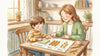 Parent pointing to the hundreds column of a place value mat while a child builds a number with base ten blocks at a kitchen table