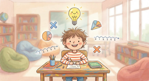 Child practicing 3rd grade math skills including multiplication, fractions, and number lines at a classroom desk