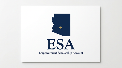 Arizona state silhouette with ESA Empowerment Scholarship Account text for homeschool curriculum funding