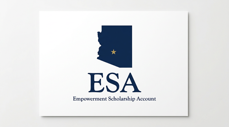 Arizona state silhouette with ESA Empowerment Scholarship Account text for homeschool curriculum funding