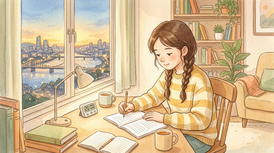 Teenager working through SHSAT prep with a practice test booklet, pencil, and timer at a desk, city skyline and bridges at dusk through the window