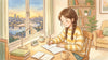 Teenager working through SHSAT prep with a practice test booklet, pencil, and timer at a desk, city skyline and bridges at dusk through the window