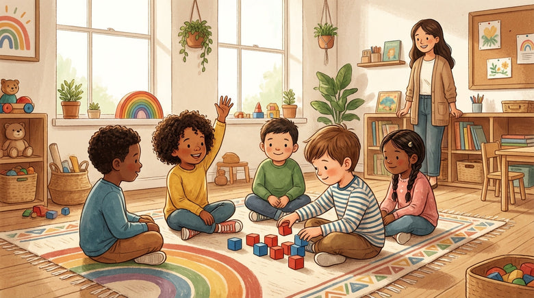 Children sitting on a classroom rug building with blocks while a teacher watches, illustrating kindergarten readiness skills