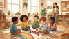 Children sitting on a classroom rug building with blocks while a teacher watches, illustrating kindergarten readiness skills
