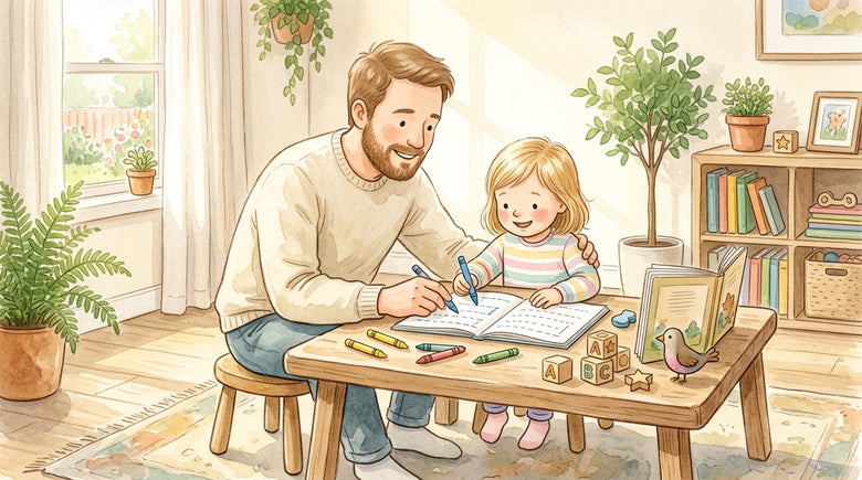 Father and 4-year-old doing preschool at home at a low table with crayons, a tracing workbook, wooden blocks, and a picture book