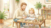 Father and 4-year-old doing preschool at home at a low table with crayons, a tracing workbook, wooden blocks, and a picture book
