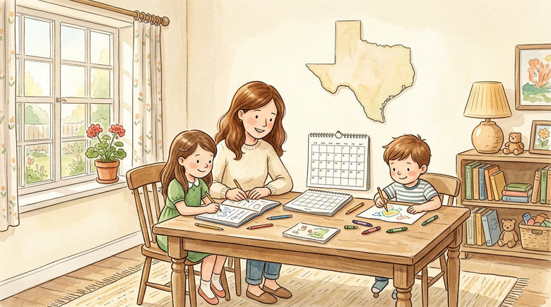 Parent and two children homeschooling in Texas at a dining table with workbooks, a calendar, and a Texas map on the wall