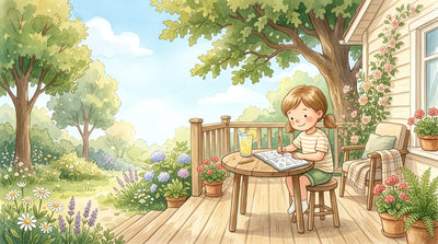 Child working in summer bridge workbook outdoors on a sunny day