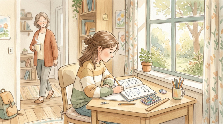 Seventh grader solving 7th grade math equations in a workbook at a desk by a window as a parent walks by with coffee