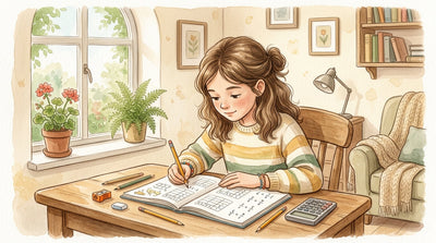 Sixth grader working through ratios and fractions math problems at desk