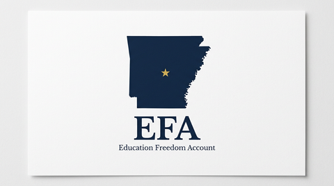 Arkansas state silhouette with EFA Education Freedom Account text for homeschool funding guide