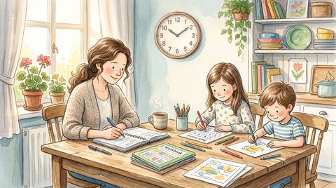 Mother planning a homeschool schedule at kitchen table with children working on workbooks nearby