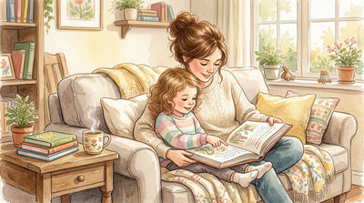 Parent and child on a couch practicing reading comprehension strategies with a chapter book