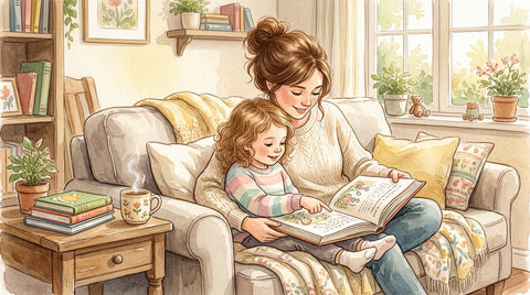 Parent and child on a couch practicing reading comprehension strategies with a chapter book