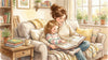Parent and child on a couch practicing reading comprehension strategies with a chapter book