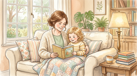 Parent and child reading a chapter book together on a cozy couch surrounded by colorful books