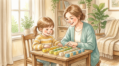 Watercolor illustration of a child and parent working with colorful counting blocks arranged in multiplication arrays at a cozy table