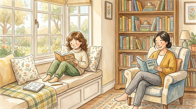 A 9-year-old reading a chapter book in a window seat with a notebook while a parent reads nearby, showing 4th grade reading practice at home