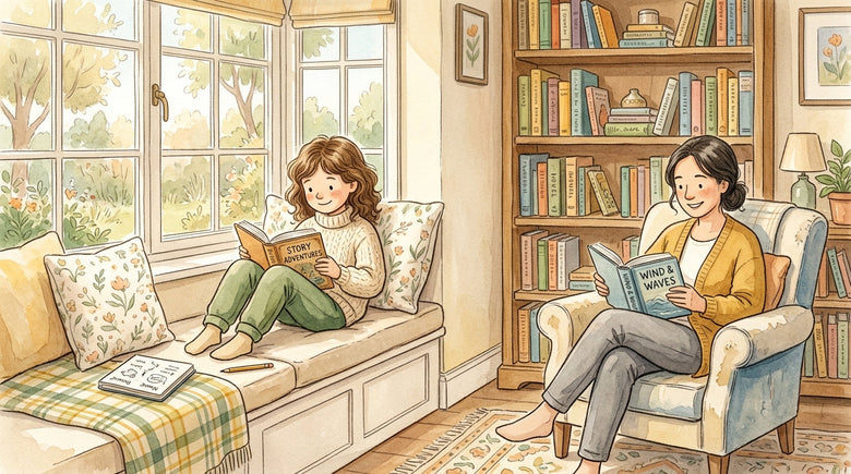 A 9-year-old reading a chapter book in a window seat with a notebook while a parent reads nearby, showing 4th grade reading practice at home