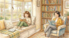 A 9-year-old reading a chapter book in a window seat with a notebook while a parent reads nearby, showing 4th grade reading practice at home