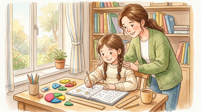 Watercolor illustration of a child working through a math workbook at a desk with fraction circles nearby and a parent encouraging them